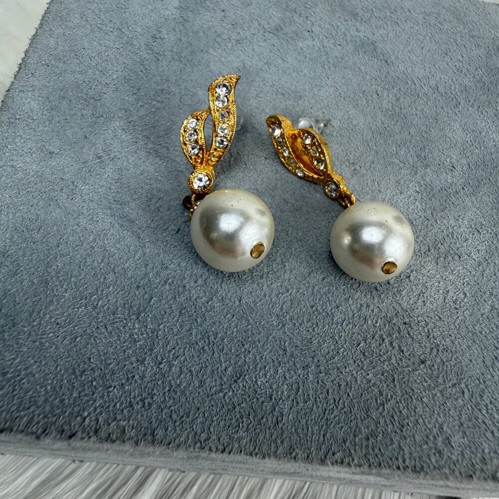 Gold Tone Faux Pearl & Rhinestone Pierced Earrings - Picture 8 of 8